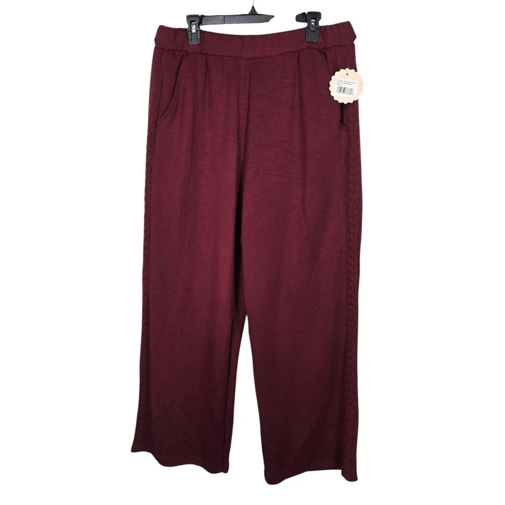 Nanette Lepore Womens 2 Piece Quilted Sweatshirt Wide Leg Pants Set Burgundy LRG